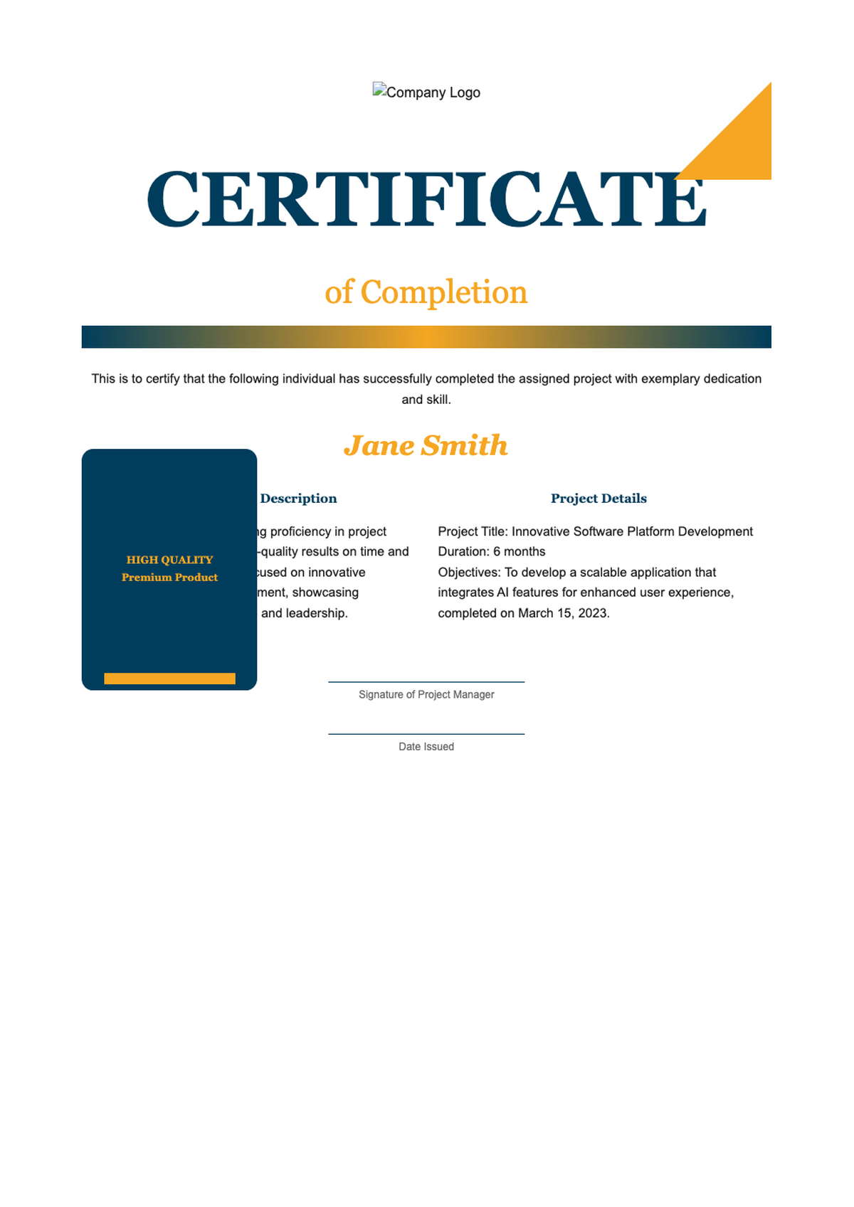 Professional certificate of completion template with blue and gold accents_variant_1